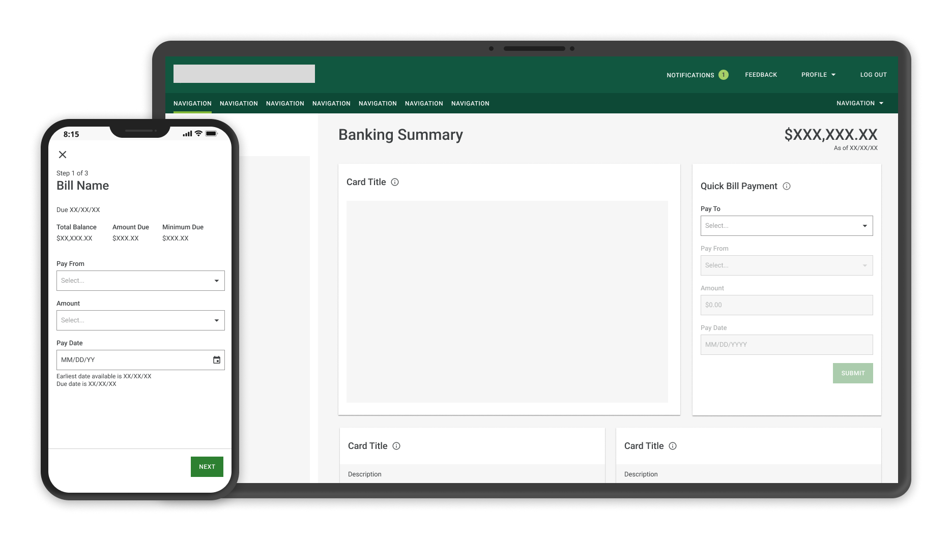 Quick bill payment — banking dashboard and mobile flow